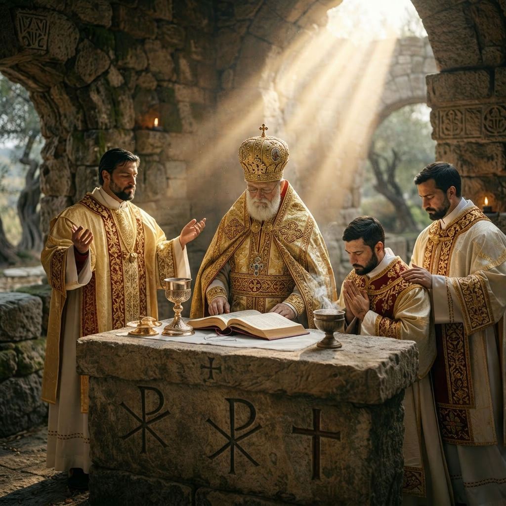 Priest in ancient robes raising hands in prayer at stone altar with scrolls and crown