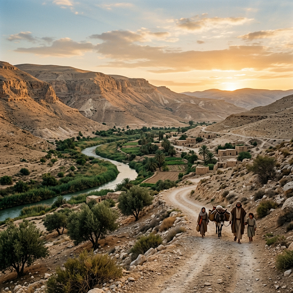 Family with donkey walking on desert path near river and village at sunset